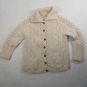 Cream Cable Men's L handknit Wool Cardigan Sweater Collared pockets 100% wool